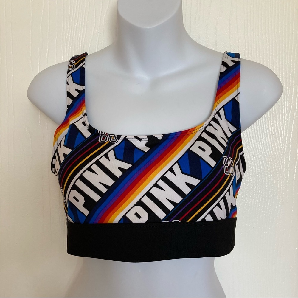 PINK Victoria's Secret Rainbow Stripe Logo Sports Bra - Black & Multicolor